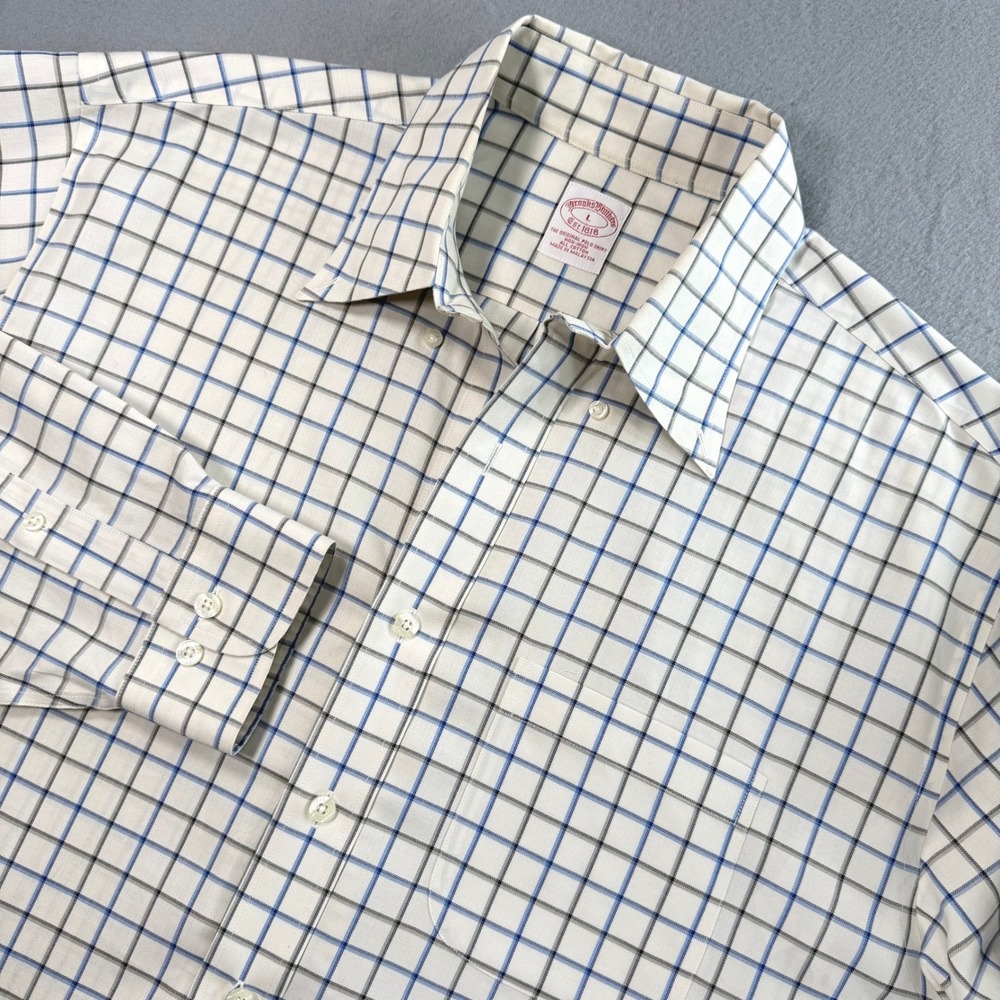 Brooks Brothers Button-down Shirt Mens L White Blue Windowpane Non-Iron Cotton